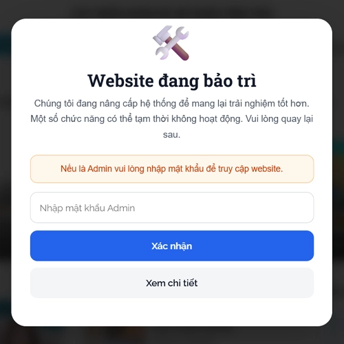 code popup bảo trì với mật khẩu