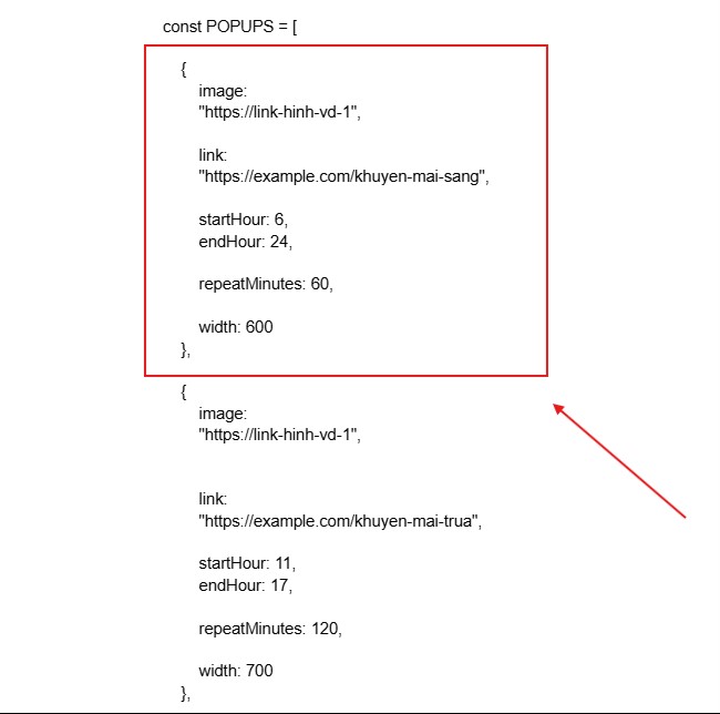 code popup hình ảnh theo khung giờ